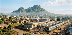 A panoramic morning photograph of Ngaoundere, Cameroon, showing the iconic train station with a passenger train arriving, the city's traditional and modern architecture, and Mount Ngaoundere in the background.