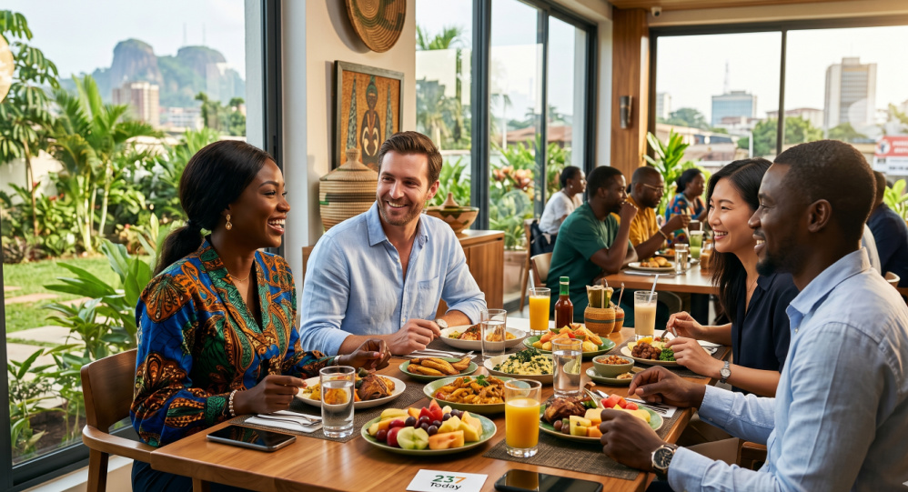 visitors and foreigners in Cameroon enjoy a meal in a local restaurant in Yaounde