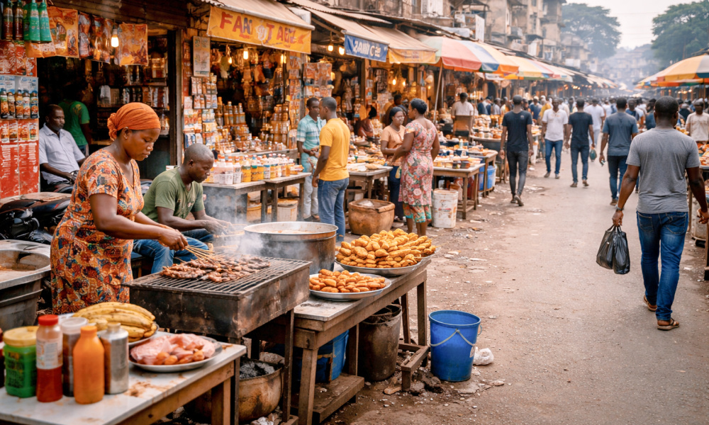 roadside businesses in Cameroon including food stalls, small shops and pedestrians, vibrant street life