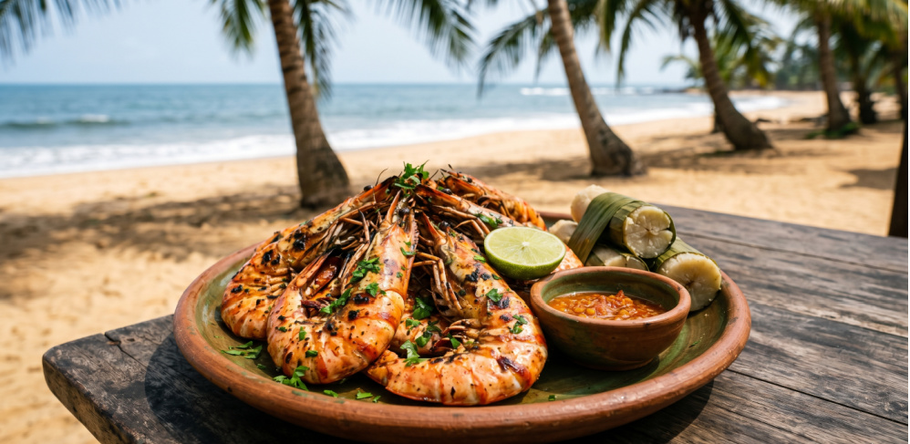 A mouth-watering giant grilled Kribi prawns served on a platter with miondo and lime
