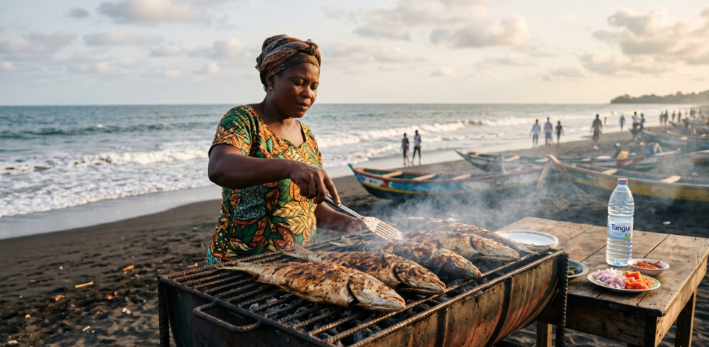 A vibrant, close-up photograph capturing fresh sea fish being roasted over an open charcoal grill at the bustling Down Beach in Limbe, Cameroon, with the Atlantic ocean and unique black sand in the background.