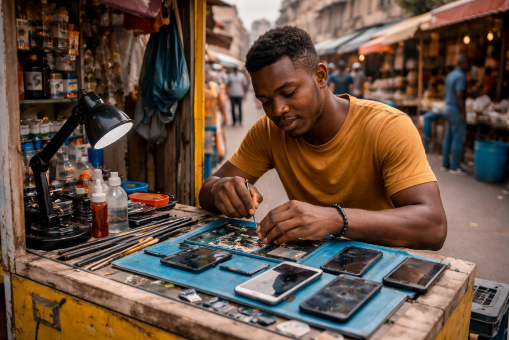 An Entrepreneur repairing phones at a phone repair kiosk in Cameroon