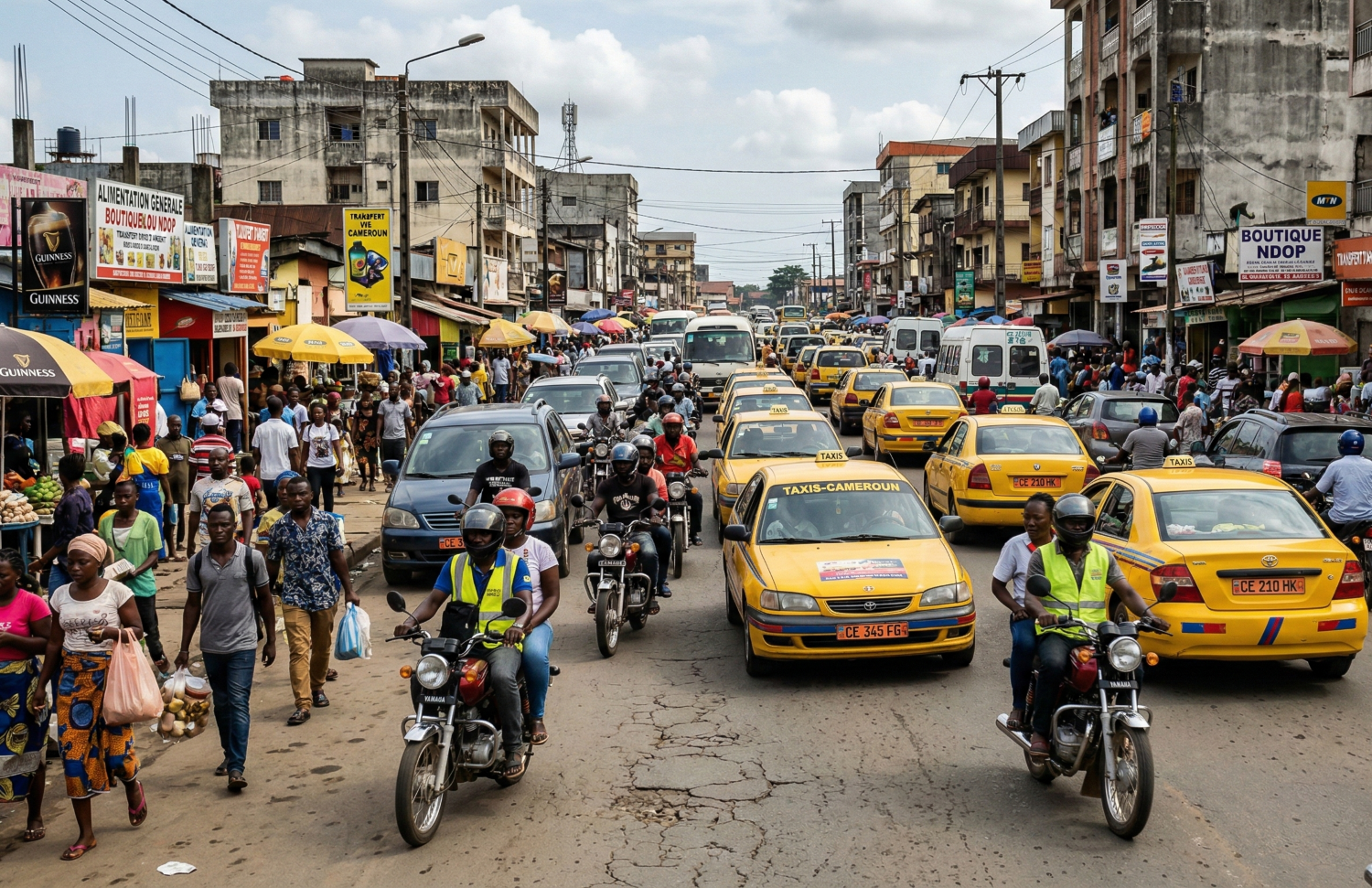 Urban taxi and motorbike traffic illustrating transport in Cameroon explained