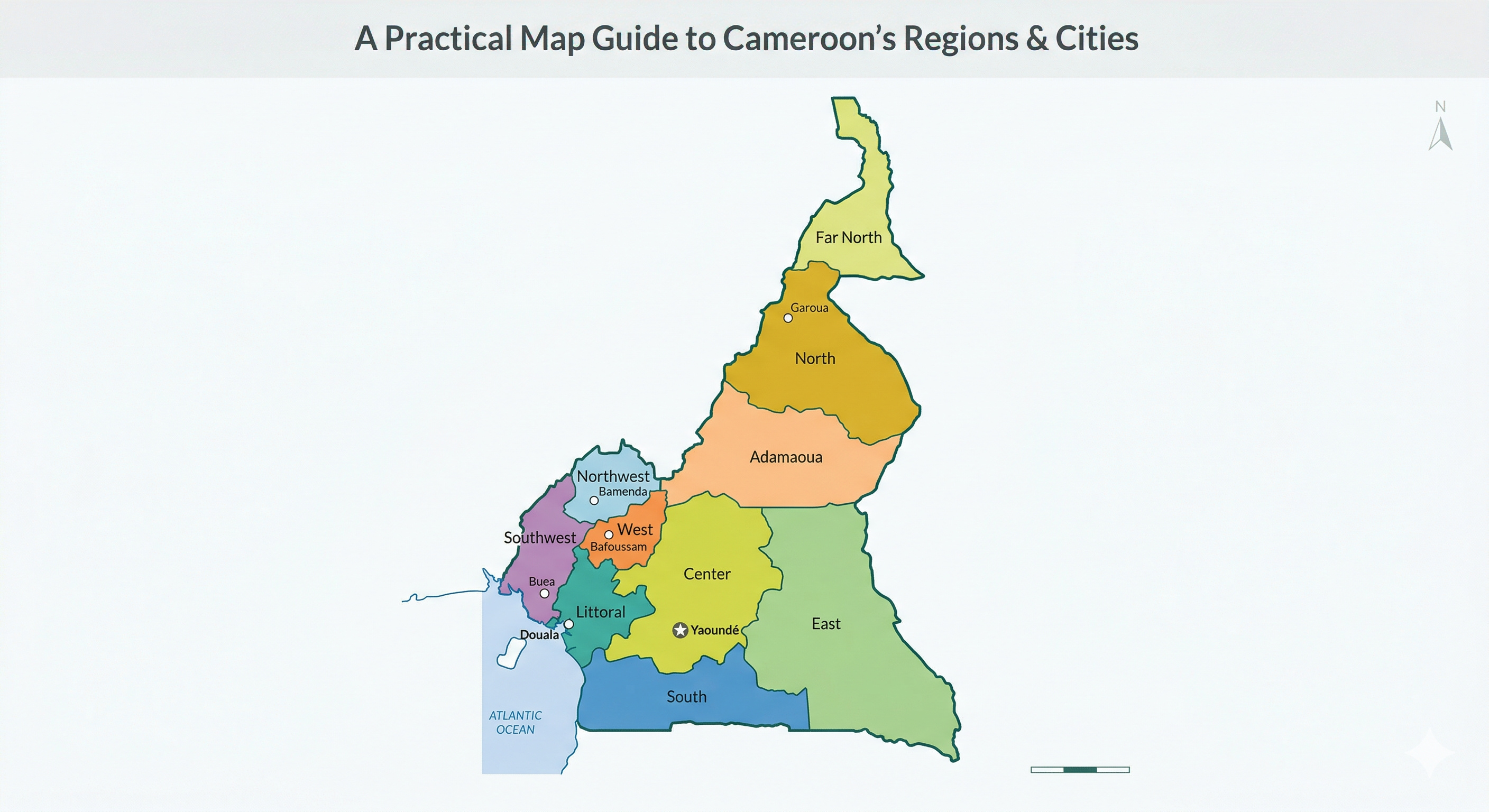A clean, stylized vector map of Cameroon showing all 10 regions and major cities for easy travel orientation.