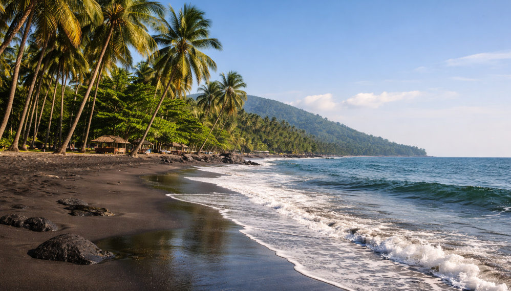 photo of Limbe black sand beach in Cameroon, palm trees swaying, with the Atlantic ocean waves gently hitting the shore