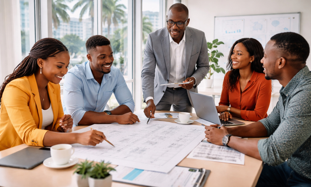 A clean modern business meeting in Cameroon with professionals discussing plans,