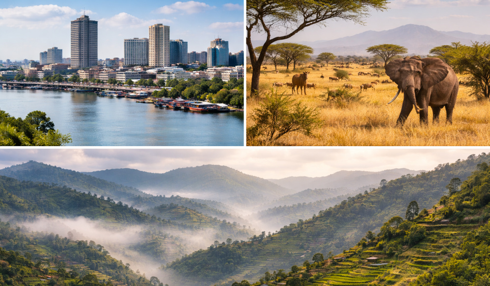 Cameroon geography: The modern buildings of Douala, the Waza National Park savanna, and the misty hills of the Western Highlands.