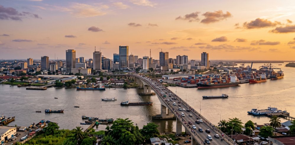 A panoramic sunset photograph capturing the modern Douala, Cameroon, skyline, the bustling Port of Douala with cargo ships, and the Wouri Bridge over the Wouri River.