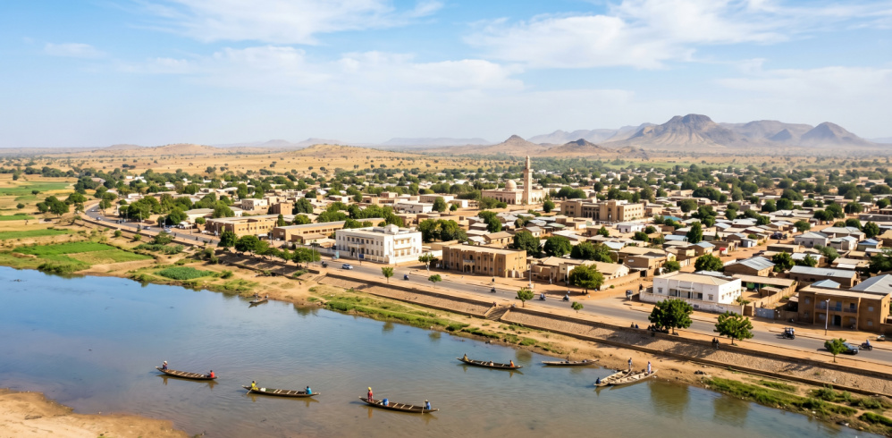 A panoramic photograph of Garoua, Cameroon, featuring the wide, shimmering Benue River in the foreground with traditional wooden pirogues.