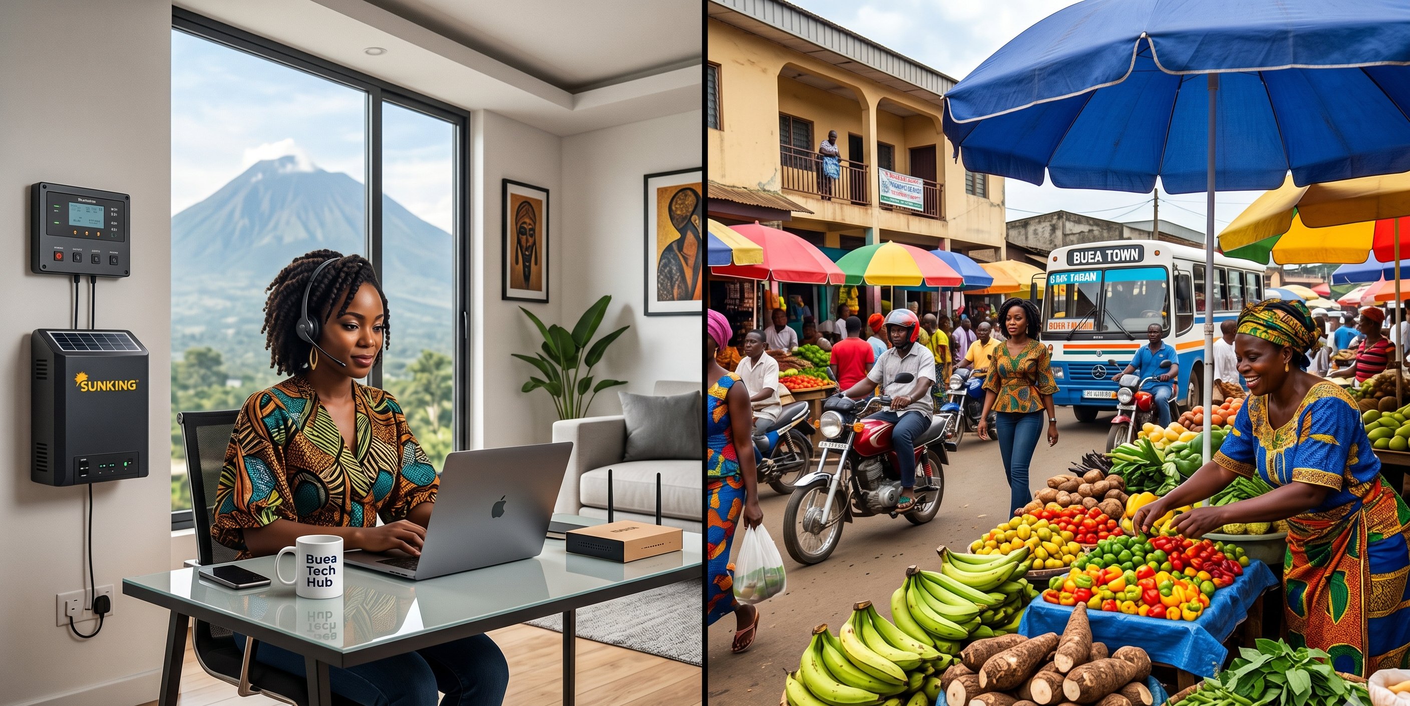 Living in Cameroon as a Returnee:A split-screen graphic showing a modern, high-tech home office in Buea on one side, and a traditional, vibrant local market on the other.
